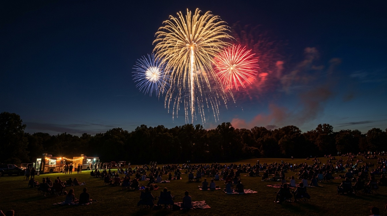 Gold, blue and red fireworks bursting over the dark tree line at Signal Hill Park on the Fourth of July, above a wide lawn of blankets and lawn chairs and two lit food trucks