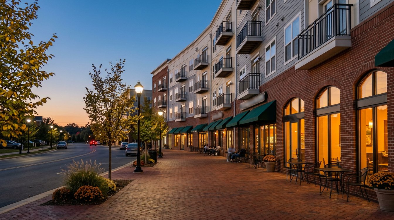 Ground-floor restaurants with green awnings and glowing arched windows under four-story buildings with balconies along Manassas Drive at dusk, with sidewalk tables, mums in pots and a lamp-lit brick sidewalk