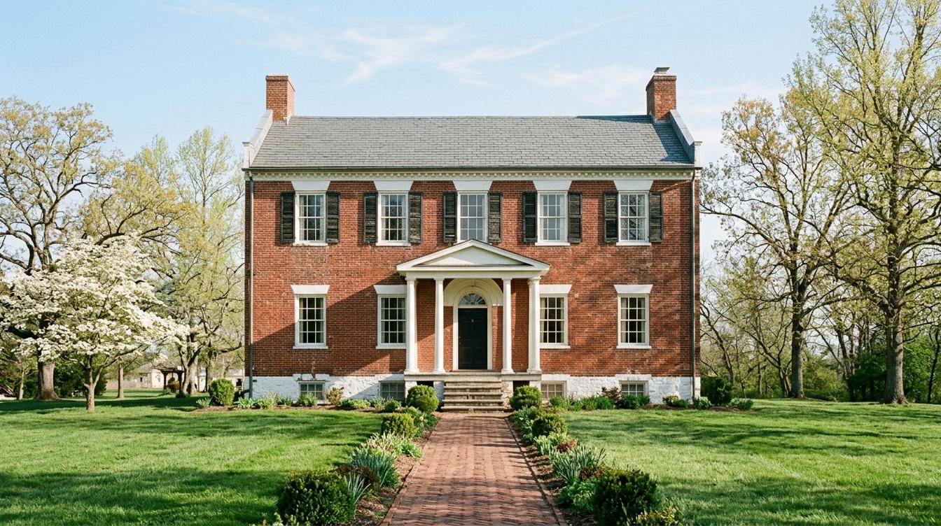 Liberia, the 1825 red brick Federal house with black shutters, two end chimneys and a white columned entry porch, at the end of a brick walk across a green lawn with a dogwood in bloom