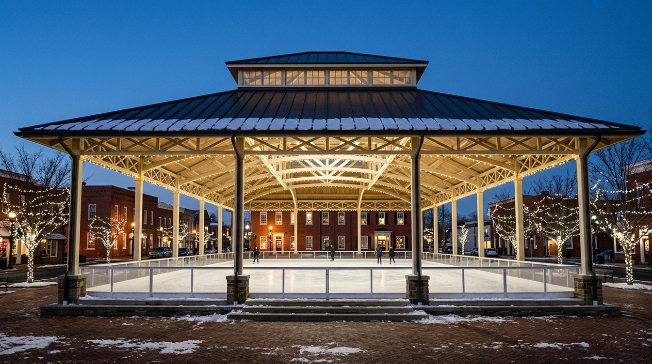 The Harris Pavilion in Historic Downtown Manassas on a winter evening, its white steel roof trusses lit over an outdoor ice rink, with brick buildings and trees strung with lights around it and a little snow on the ground