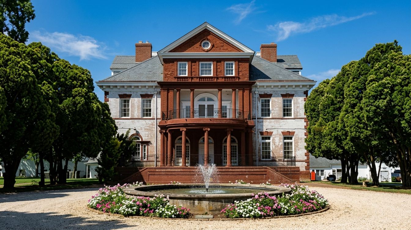 Annaburg Manor, the summer house of brewer Robert Portner, on a sunny summer day: a red center bay with a pediment and round window, a curved two-story columned porch with iron railings, and whitewashed brick wings with red window trim, behind a circular drive with a fountain and pink and white flowers