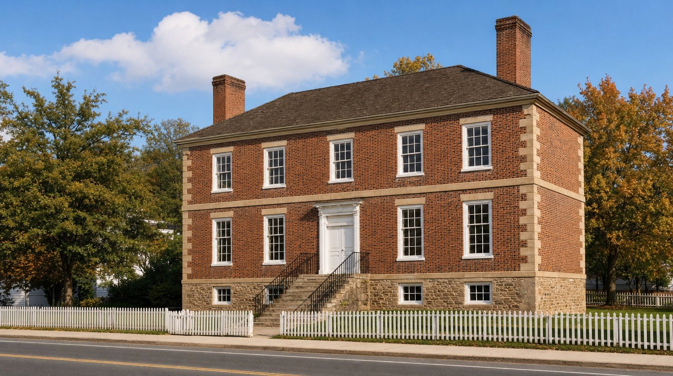 Williams Ordinary on Main Street in Dumfries, a two-story Georgian red brick building with stone corners, a hipped roof and a white picket fence