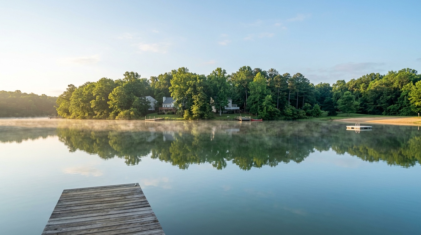 Lake Montclair on a still summer morning, mist on the water, wooded shores reflected in the lake, small docks, a swim float and a sandy beach, with a weathered dock in the foreground