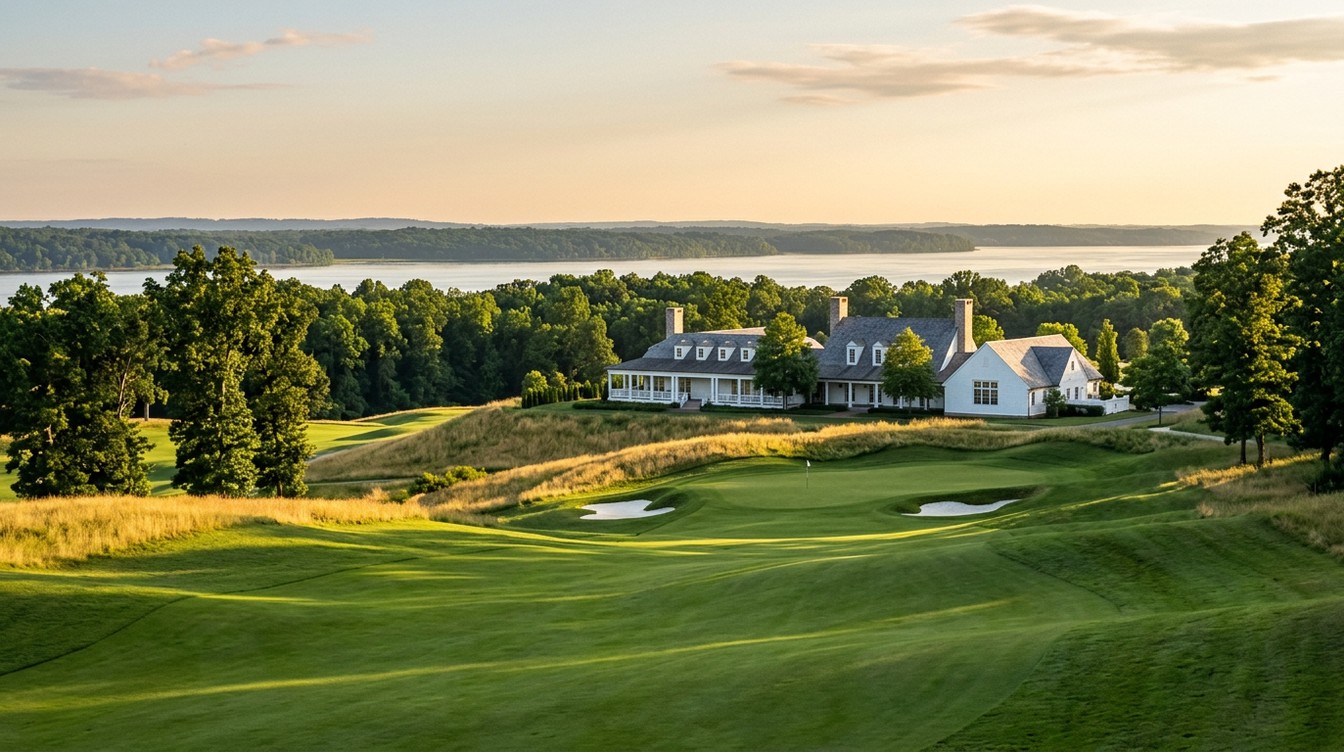 A golf green with two bunkers among native grasses at Potomac Shores Golf Club, below a white clubhouse with dormers and chimneys and the wide Potomac River beyond in early evening light