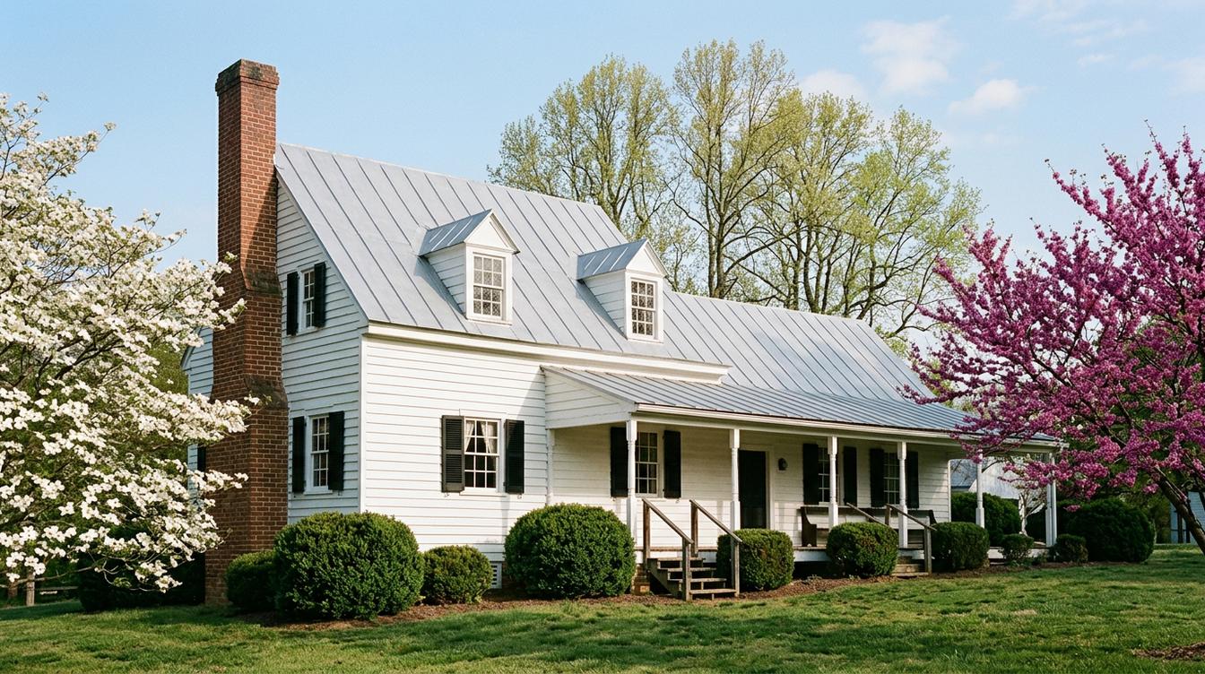 The Weems-Botts Museum, a white frame house with dormers, black shutters, a big brick end chimney and a long front porch, with a white dogwood and a pink redbud in bloom