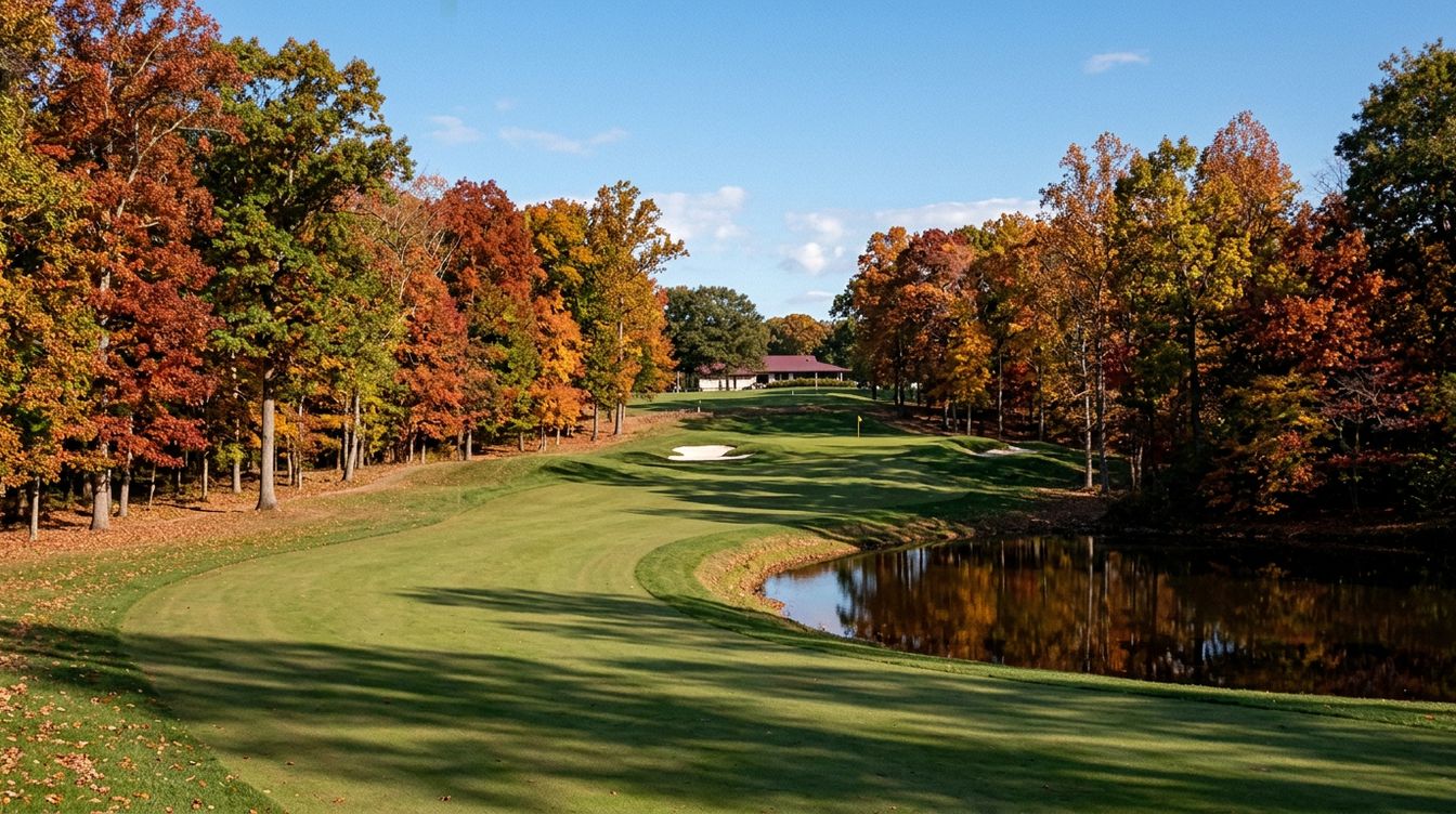 A fairway at the Montclair golf course curving between woods in red, orange and gold toward a distant green, with a pond on the right and a low clubhouse far off