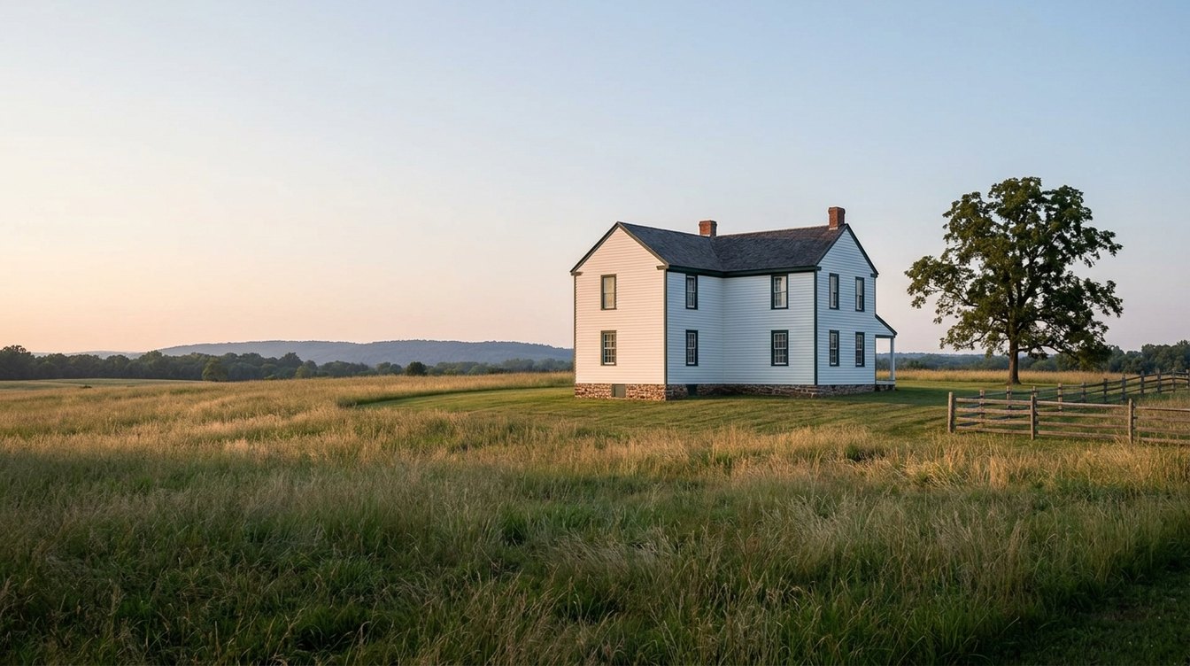 The white Brawner farmhouse alone in tall meadow grass at Manassas National Battlefield Park on a summer evening