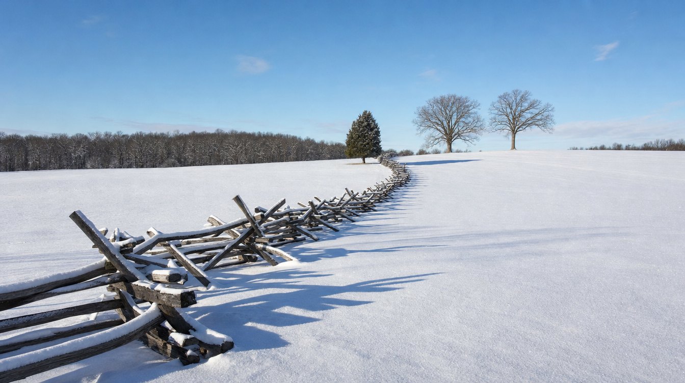 A zigzag split-rail fence crossing a snow-covered field on the Manassas battlefield under a clear blue sky