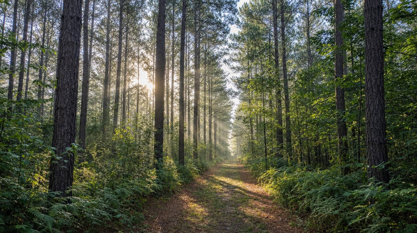 Morning sun streaming through tall pines over a grassy trail in Conway Robinson State Forest