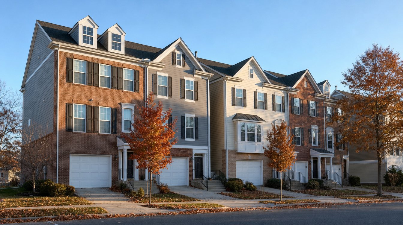 Brick and siding three-story townhouses with garages along a Gainesville street on a November morning, young maples in orange leaf