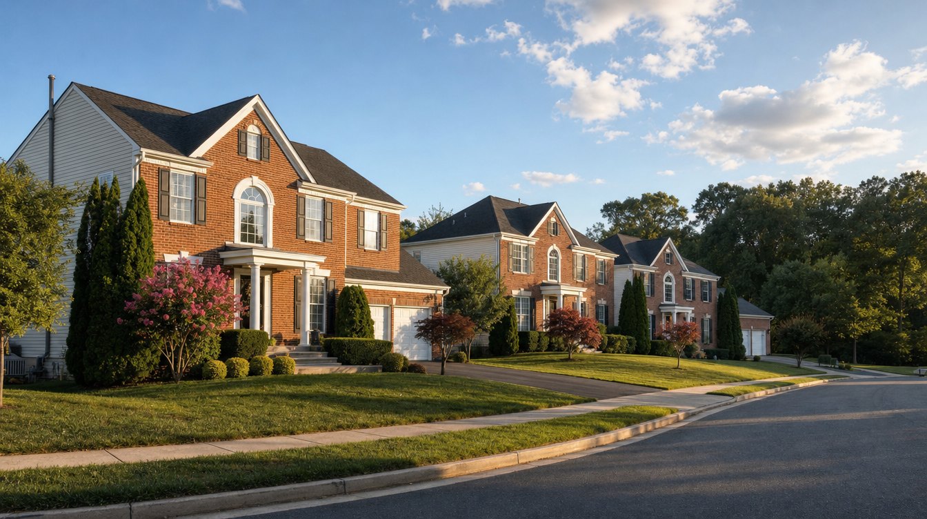 Brick-front colonial houses with crape myrtles and arborvitae along a curving Gainesville street in late-summer evening light