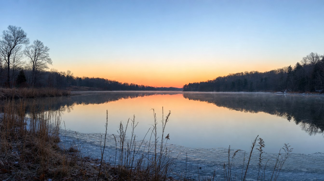 Sunrise over still Lake Manassas in late winter, with thin ice and dry grasses along the shore and bare woods on the far bank