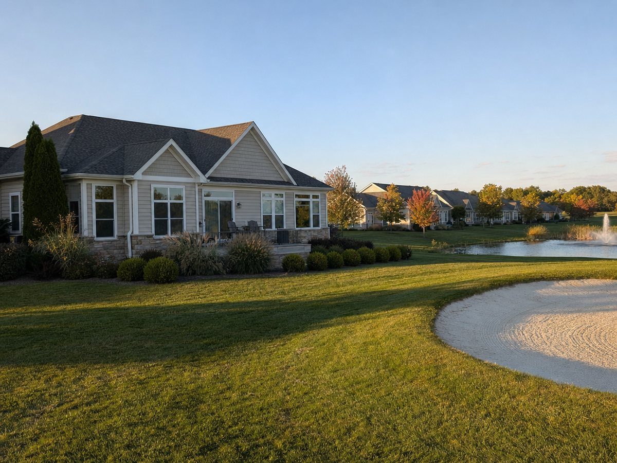 The back of a one-level villa facing a golf fairway with a sand bunker, a fountain pond and a row of similar homes beyond.