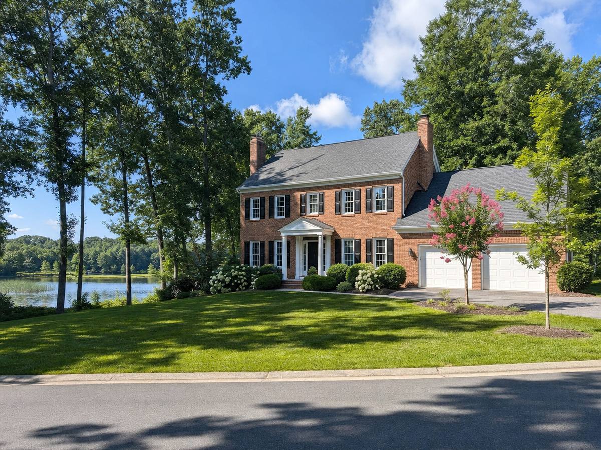 A brick colonial with black shutters and a two-car garage on a green lawn, with a lake visible through tall trees on the left.