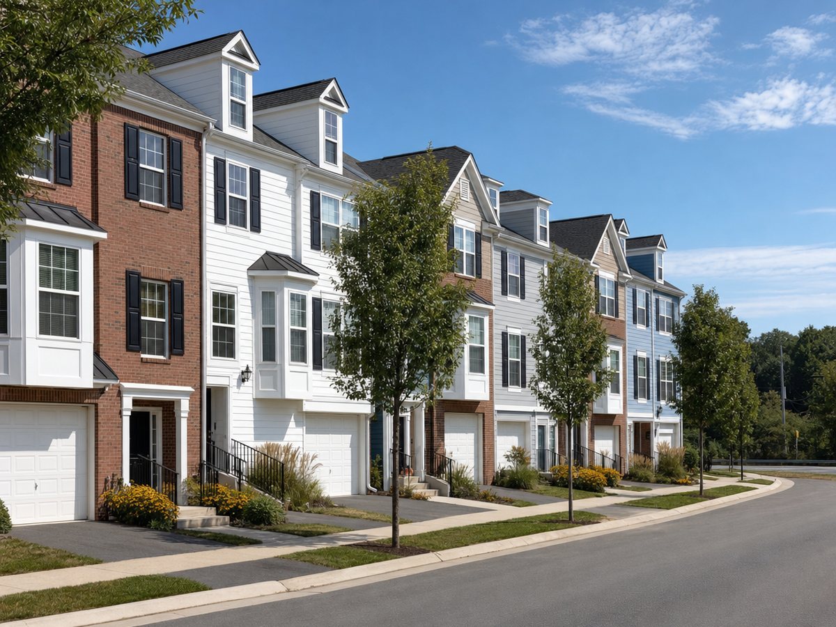 A curving row of three-level townhouses in alternating brick and colored siding, with dormers, bay windows and young street trees.