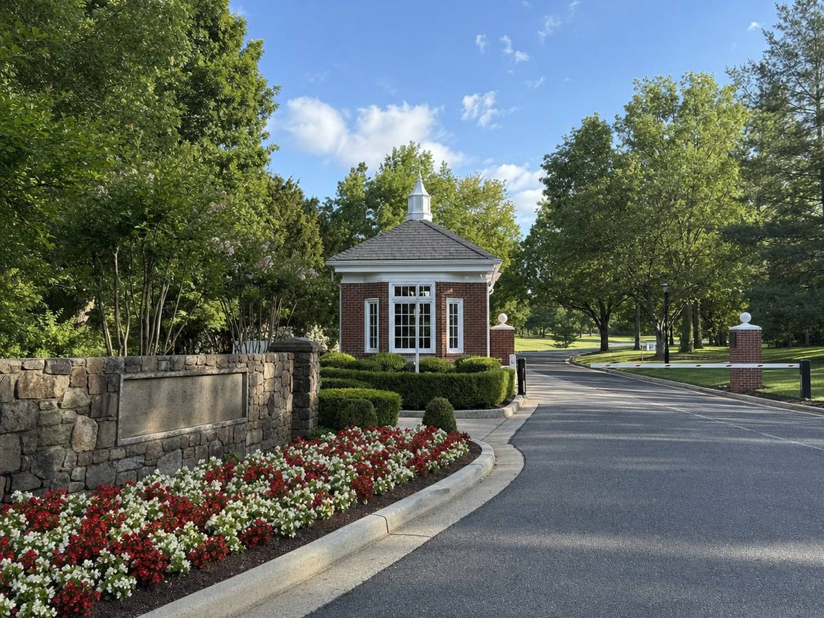 A small red-brick gatehouse with a white cupola at a gated entrance, with a fieldstone wall and red and white flower beds.