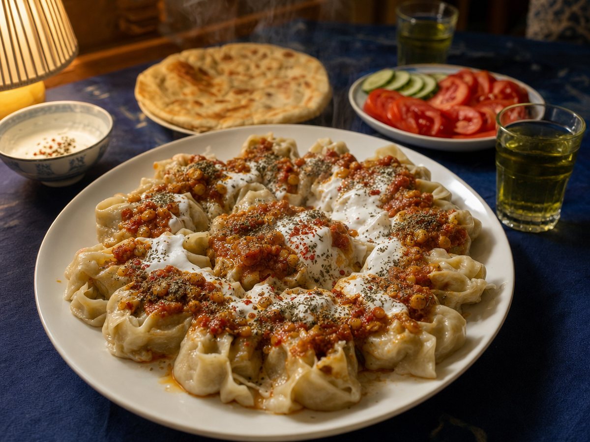 A platter of Afghan mantu dumplings topped with yogurt, split-pea sauce and dried mint, with flatbread, salad and green tea.