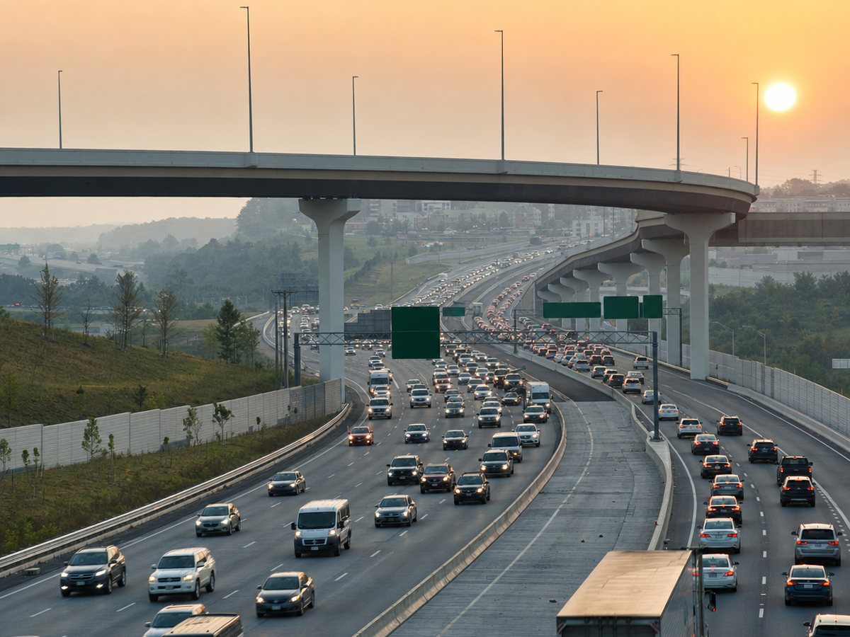 Heavy morning traffic on a wide interstate under curving flyover ramps, with blank green sign gantries and a hazy sunrise.