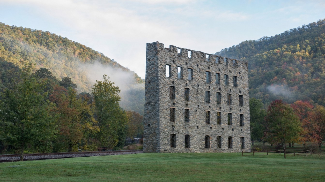 The roofless stone shell of Chapman's Mill at Thoroughfare Gap beside Broad Run, with wooded slopes in fall color behind it