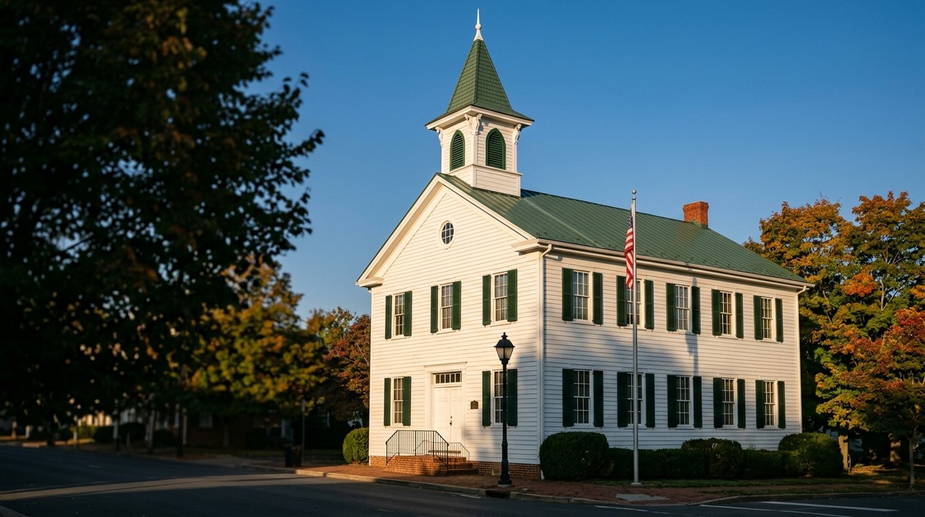 Haymarket's white 1883 Old Town Hall and School with green shutters, a green metal roof and a square belfry with a green spire, on Washington Street in the fall
