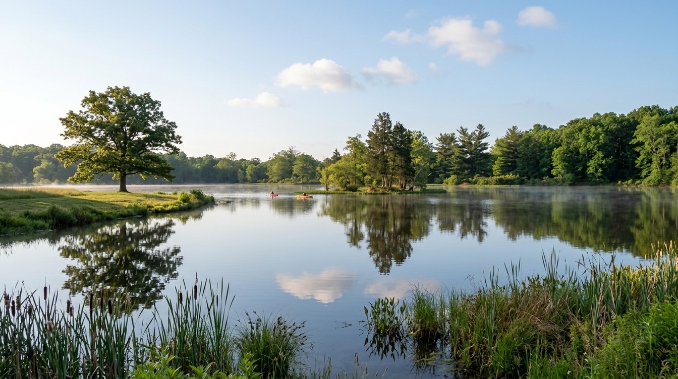 Silver Lake on a still June morning, a lone oak on a grassy point and pines and leafy woods reflected in the water, with cattails in the foreground and two small kayaks far out