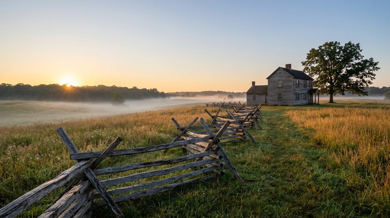 A weathered wood-frame farmhouse beside a big oak on a rise at Manassas National Battlefield Park at sunrise, with a split-rail fence zigzagging through tall grass and mist in the low fields