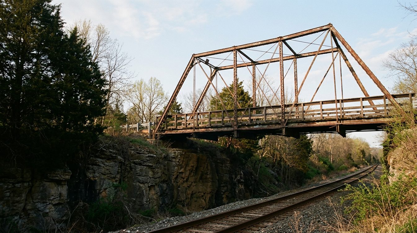 The rusty red-brown 1882 Nokesville truss bridge spanning the railroad cut in early spring