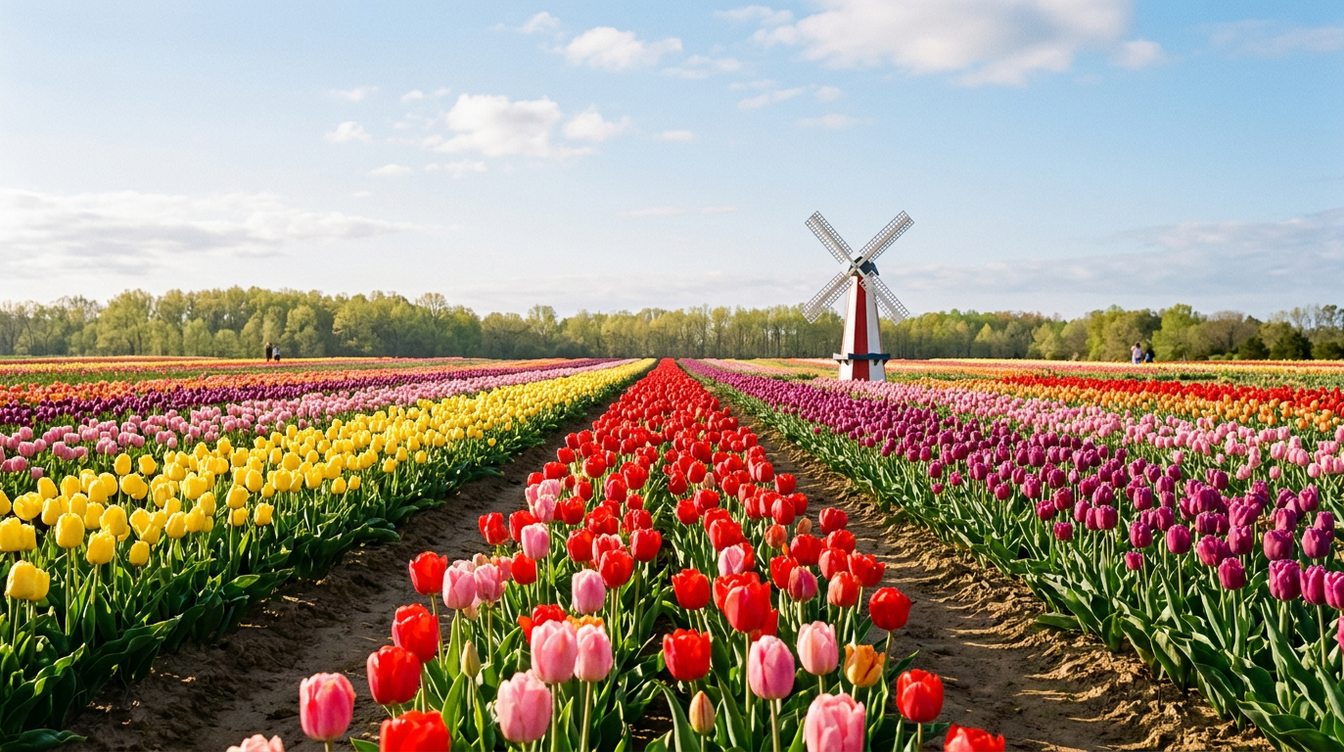 Long rows of red, pink, yellow and purple tulips in bloom at Burnside Farms in late April, with a small red and white windmill and a line of trees behind