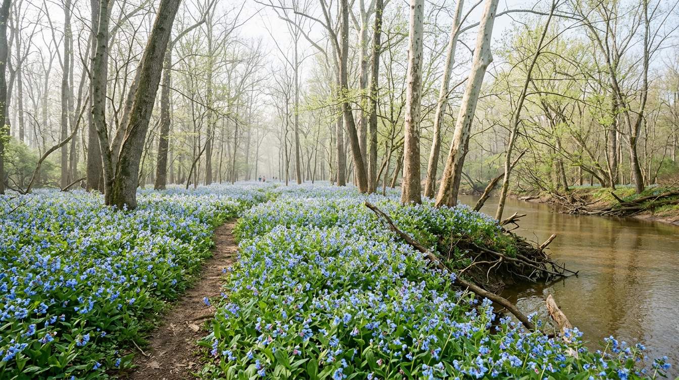 Virginia bluebells carpeting the floodplain woods along Cedar Run at Merrimac Farm in mid-April, with a dirt path through the flowers and tall sycamores in new leaf
