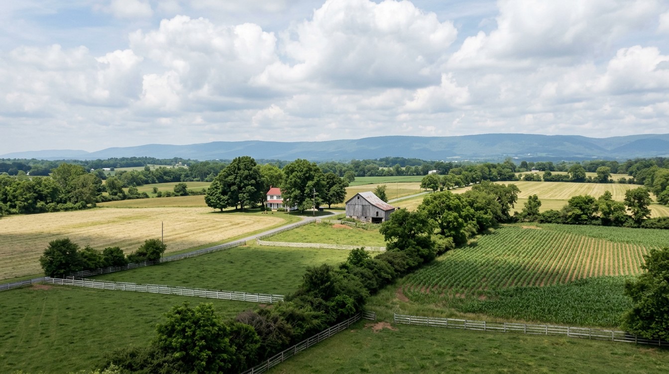 Rolling Nokesville farmland from above in June, hay fields, a cornfield and white board fences around a farmhouse and an old gray barn, with woods and a long blue ridge on the horizon