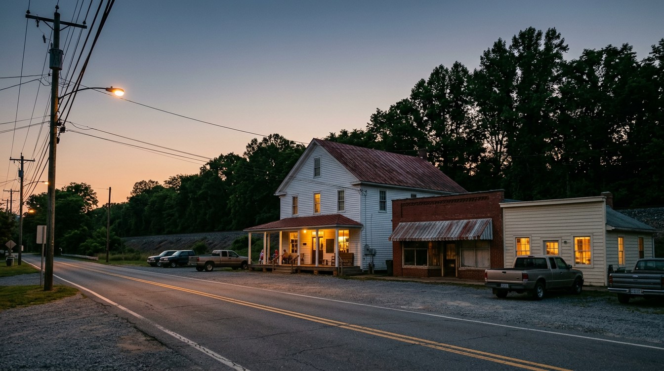 The small village center on Fitzwater Drive at dusk, a white two-story frame building with a lit porch, a brick storefront with a striped awning and a low clapboard shop, with pickups parked out front