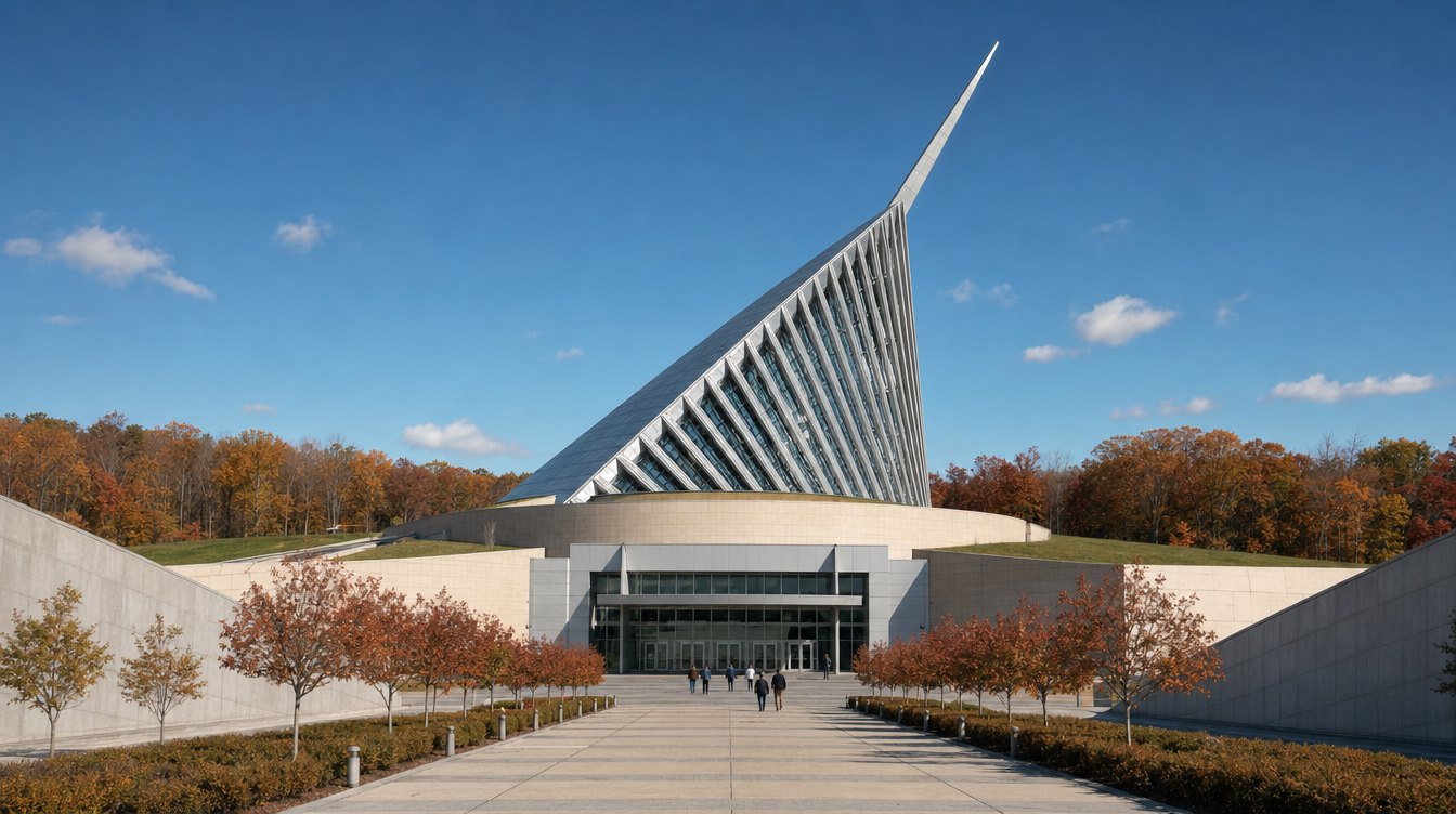 The National Museum of the Marine Corps near Triangle, its tilted glass and steel atrium and leaning mast rising over the long entry walk in fall