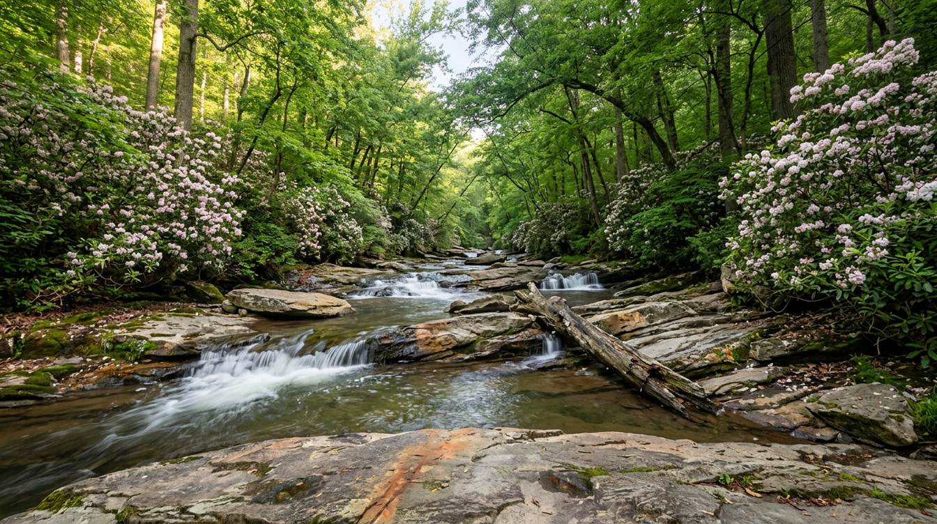 Quantico Creek tumbling over low rock ledges in Prince William Forest Park, with mountain laurel in pale pink bloom on both banks under a green forest canopy