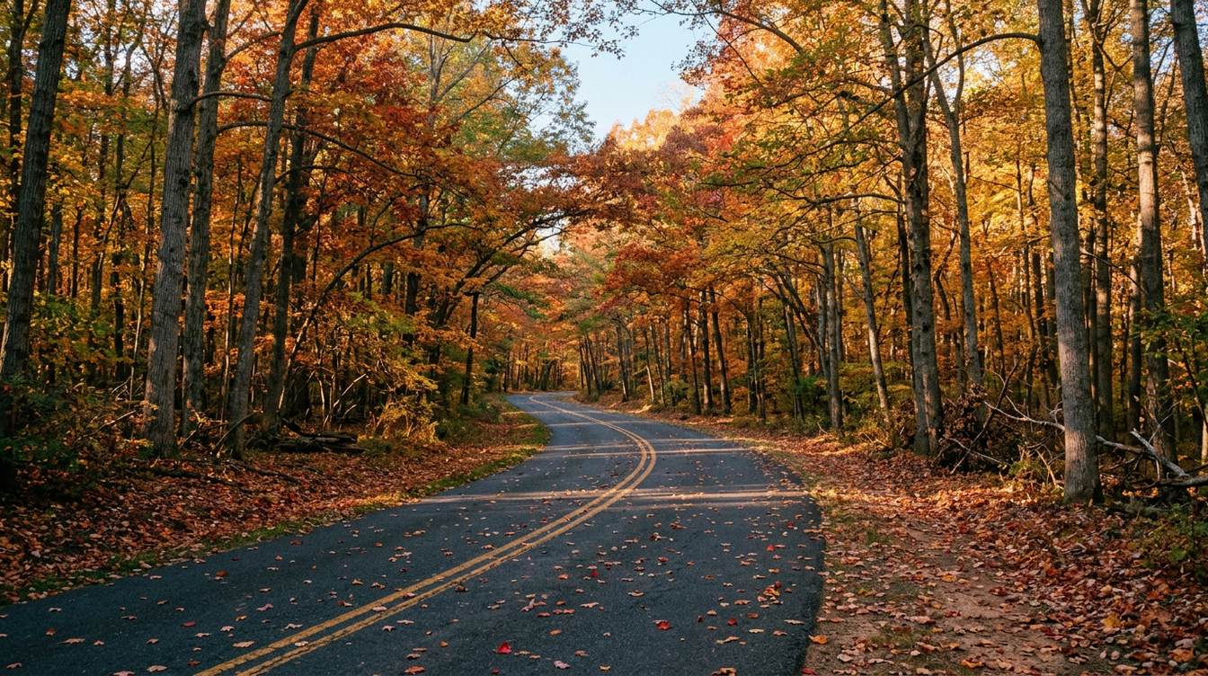 Scenic Drive curving through tall woods in Prince William Forest Park in fall, the two-lane road and its double yellow line scattered with red and orange leaves