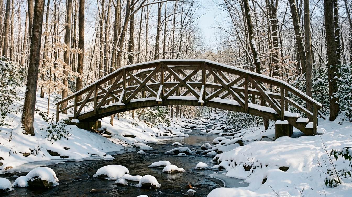 An arched timber footbridge over the South Fork of Quantico Creek after a snowfall, with snow-capped rocks in the dark water and bare woods behind
