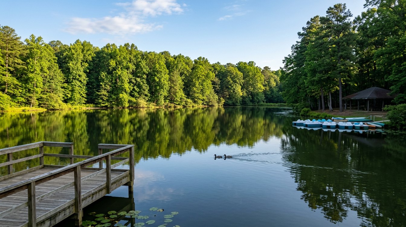 The lake at Locust Shade Park on a still summer morning, a wooden fishing pier in front, pedal boats lined up by a pavilion on the far shore and tall pines and leafy woods reflected in the water