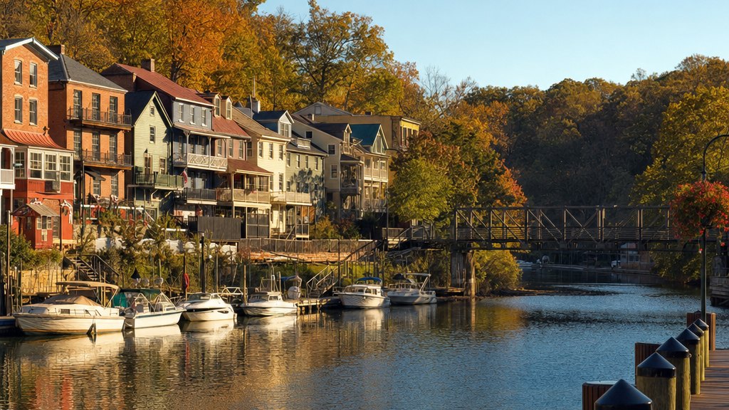The historic riverfront of Occoquan next to Woodbridge in October: brick storefronts and waterfront decks, boats at the docks, a kayaker on the Occoquan River and the Route 123 bridge beyond