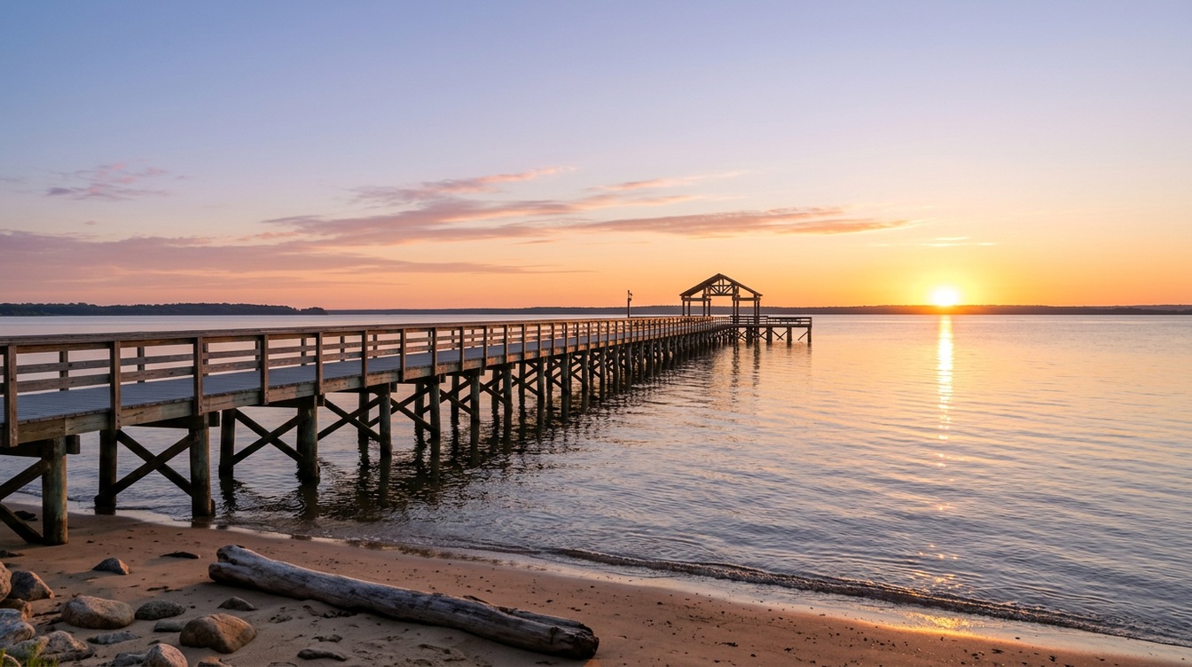 The long wooden fishing pier at Leesylvania State Park reaching out over the calm Potomac to a small roofed shelter at sunrise, with a sandy beach and driftwood in front