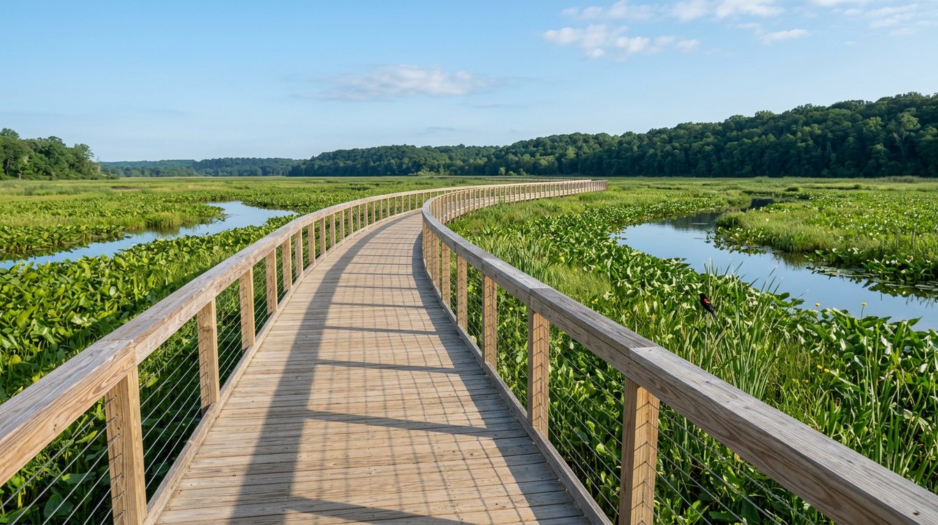 The wooden Neabsco Creek Boardwalk curving across a green tidal marsh with channels of open water, under a blue summer sky with wooded hills beyond