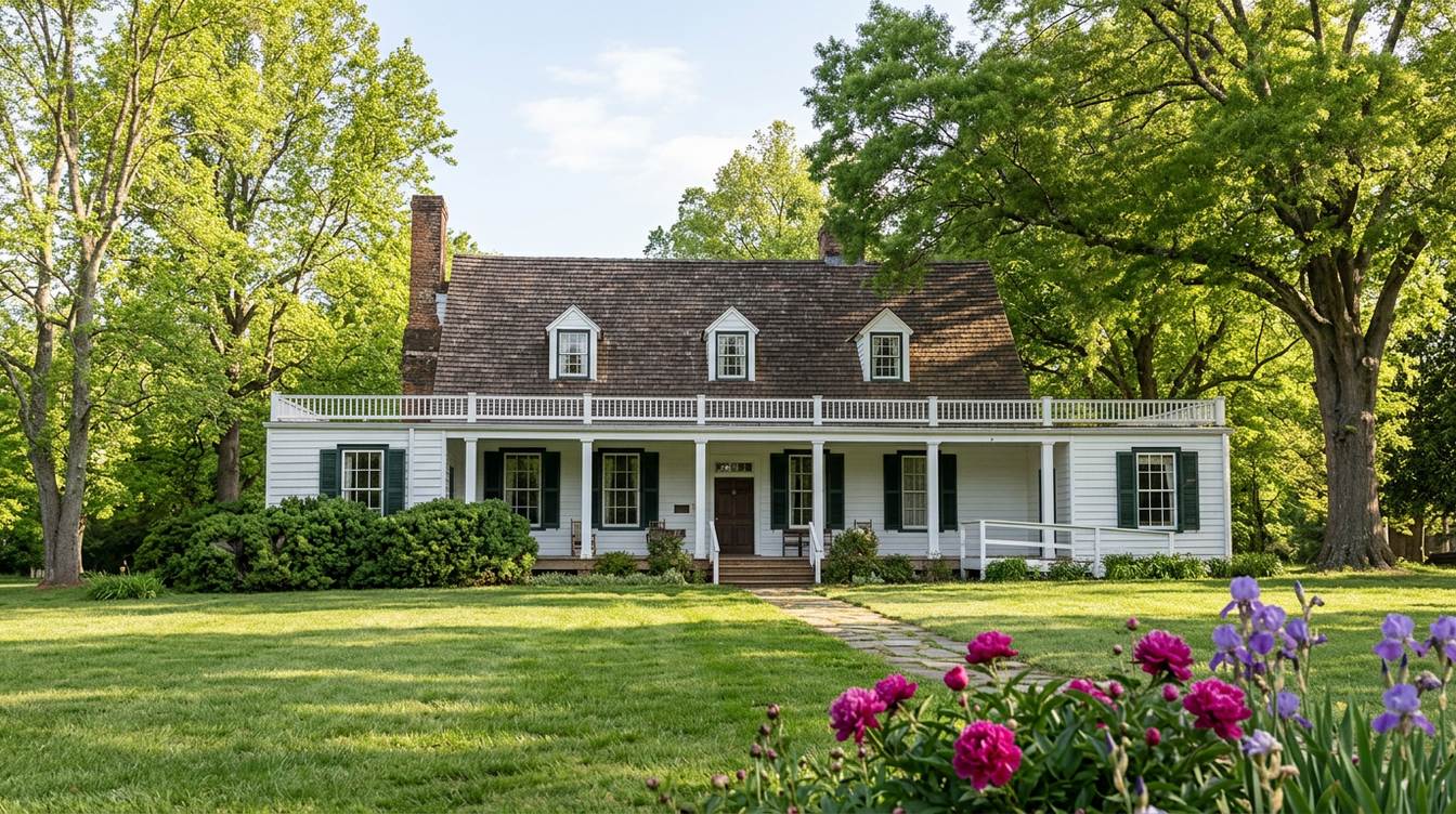 Rippon Lodge, a long white colonial house with three dormers, a brick chimney and a full-length front porch, under big trees in spring with peonies and irises in front