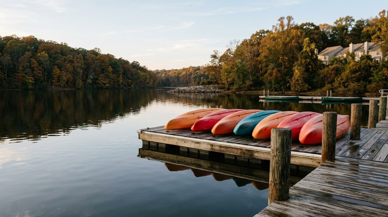 The docks of Lake Ridge Marina on the Occoquan Reservoir in fall, with a ramp down to a floating pier, a rack of red and orange kayaks, a row of pedal boats and wooded shores in orange and red