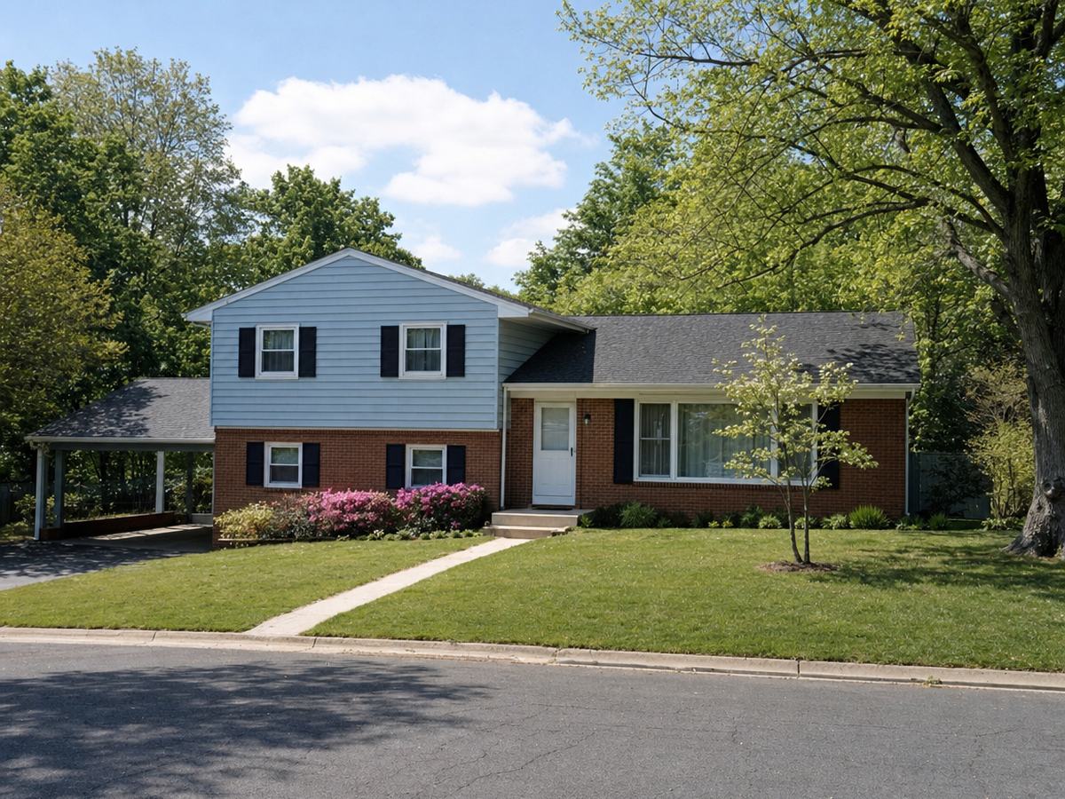 A 1970s split-level house with pale blue siding over red brick, a side carport and pink azaleas on a green lawn.