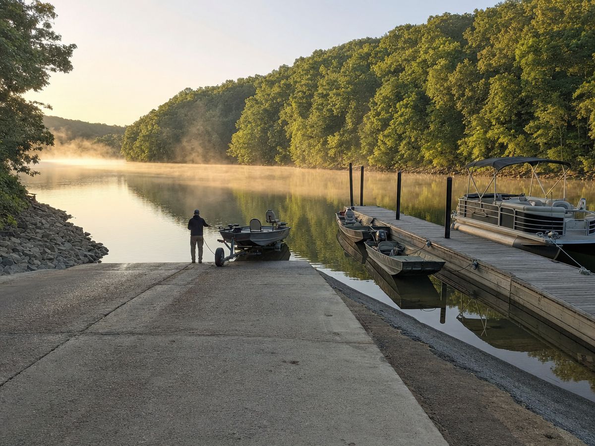 A concrete boat ramp on a misty reservoir at sunrise, with a small fishing boat going in beside a floating dock and a pontoon.