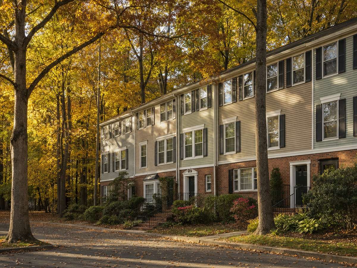 A row of brick and siding townhouses under tall trees in gold autumn color, with fallen leaves along the walk.