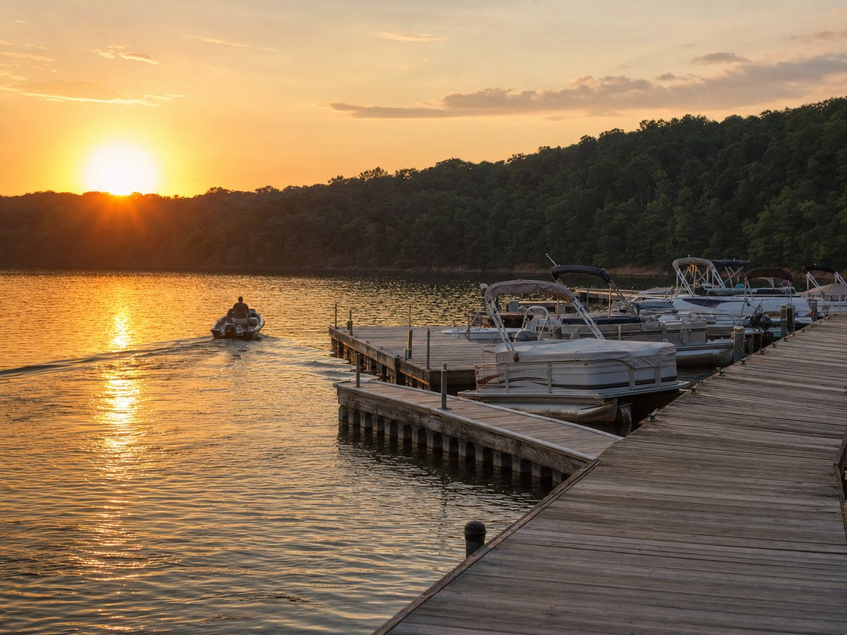 Wooden marina docks with pontoon boats at sunset, a small boat returning across golden water below a wooded shore.