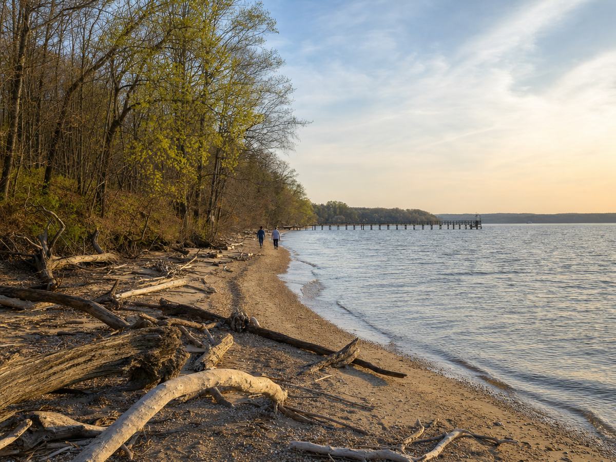 A sandy river beach with driftwood under a wooded bluff in early spring, with a long fishing pier reaching into the wide Potomac.