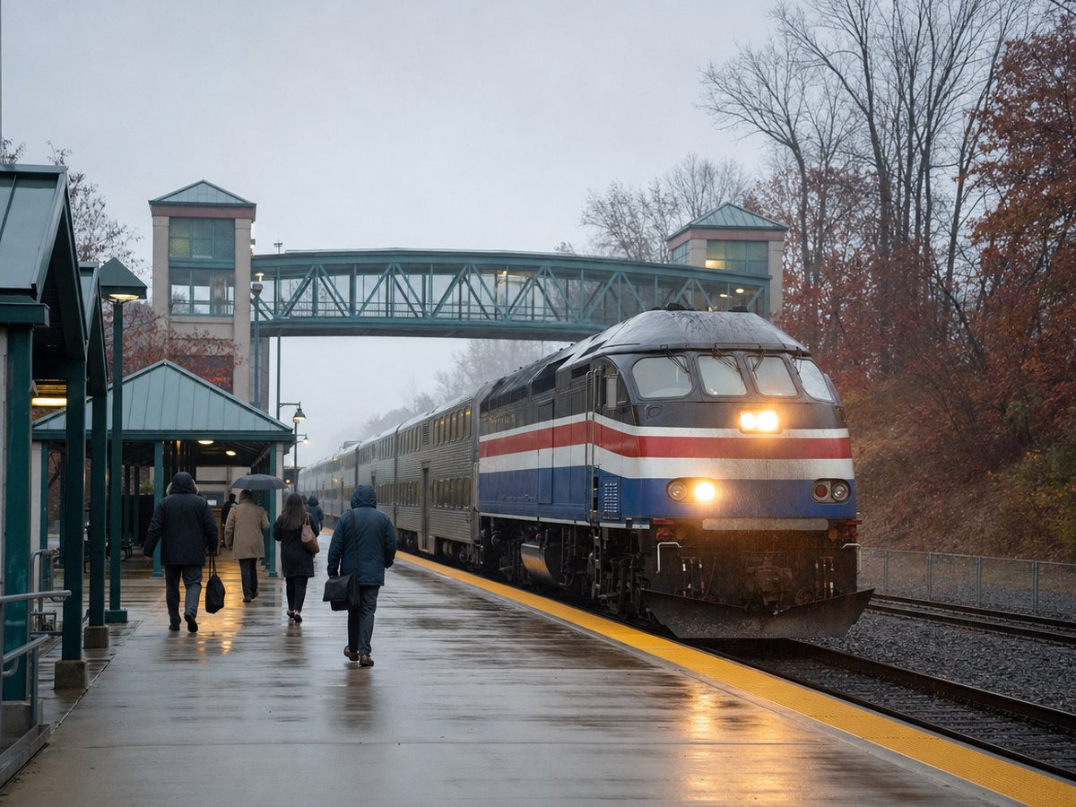 A red, white and blue commuter train at a wet station platform on a misty morning, with a teal pedestrian bridge over the tracks.