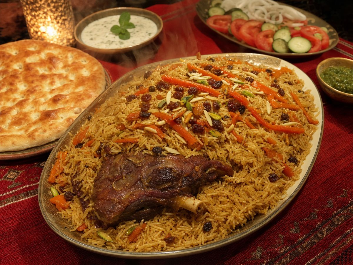 A platter of Afghan kabuli palaw topped with carrots, raisins and nuts, with lamb on the bone, flatbread and yogurt on a red cloth.