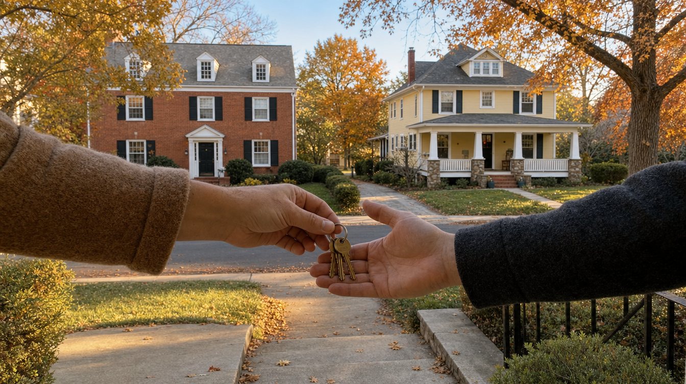 Two hands passing a ring of brass house keys on a porch in Lyon Village, Arlington, with a brick Colonial Revival and a yellow foursquare across the street in fall