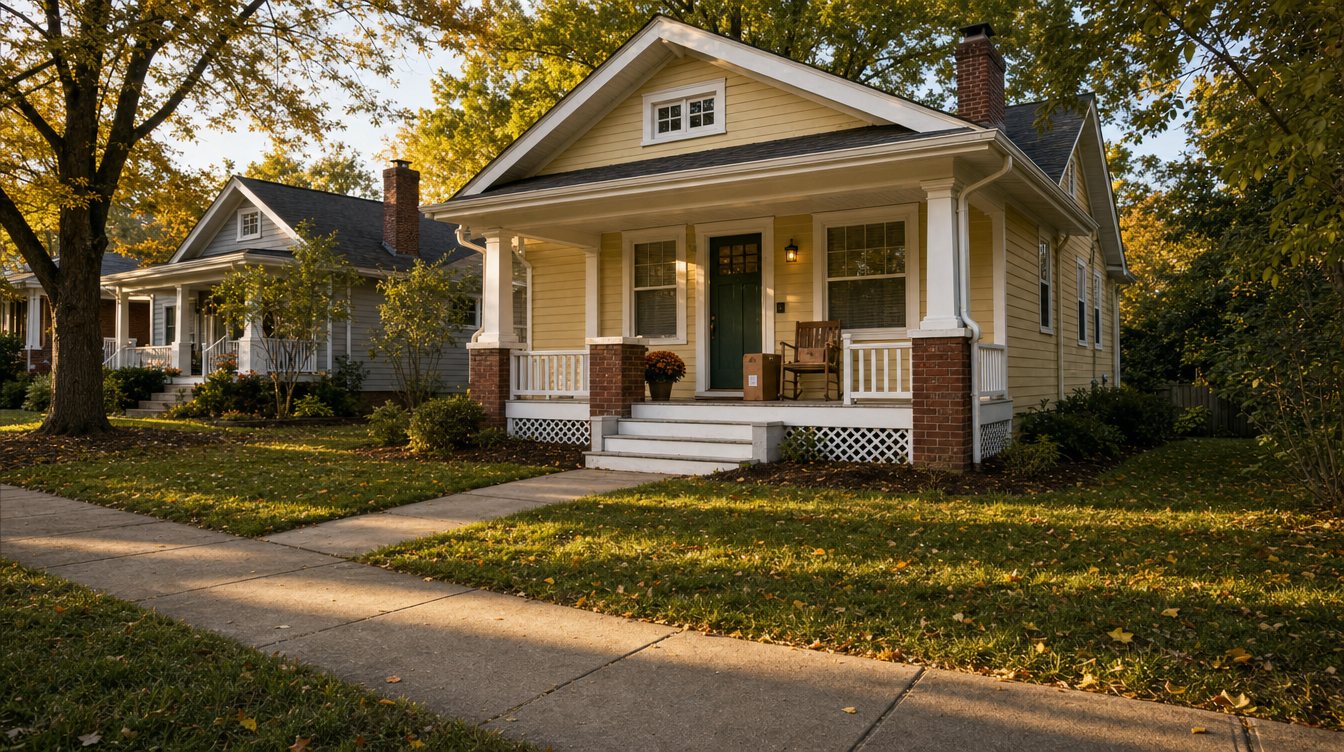 A yellow 1920s bungalow in Del Ray, Alexandria, with a deep front porch, a potted mum and a green front door in October light
